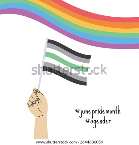 A hand holding agender pride flag. LGBT pride month square banner. Vector illustration for an annual celebration of gender diversity