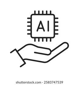 hand holding ai computer chip clip art icon symbol, isolated linear vector illustration, editable stroke