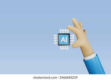 Placa de circuito de microchip AI de sujeción manual. Inteligencia artificial, revolución tecnológica y desarrollo, aprendizaje automático. Implementación de la investigación en ciencia robótica para desarrollar el futuro de la vida de las personas. Vector 3D