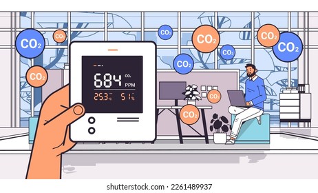 hand holding air quality monitor test on the presence of dangerous CO2 control level testing with indoor carbon dioxide detector