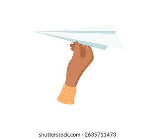 Hand holding airplane sticker. Gesture of a human character. Concept of creativity, flat design, potential usage in various graphic applications.