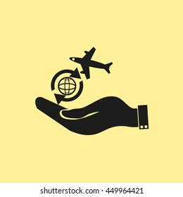 hand holding a airplane symbol.
