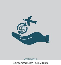 hand holding a airplane symbol.