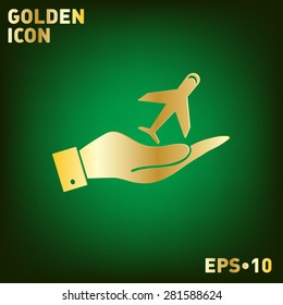 hand holding a airplane symbol . icon of air travel