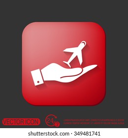 hand holding a airplane symbol . icon of air travel