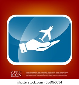 hand holding a airplane symbol . icon of air travel