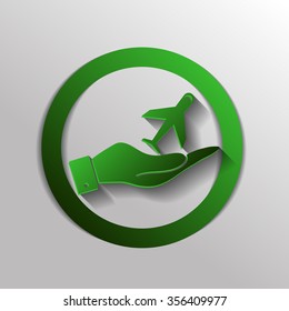 hand holding a airplane symbol . icon of air travel