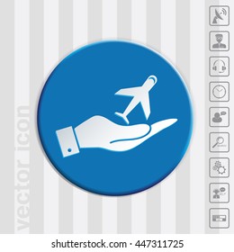 hand holding a airplane symbol . icon of air travel