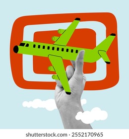 Hand holding airplane, travel concept. Holiday and vacation theme, business trip flat vector illustration. Realistic pop art with vibrant color