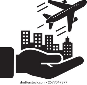 hand holding Airplane with Vector icon art style illustration. 