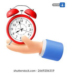 Mano que sostiene el despertador. La mano realista 3D sostiene el temporizador rojo. Concepto de plazo, inicio, puntualidad, gestión del tiempo, productividad y optimización del trabajo. Oferta por tiempo limitado promo. Ilustración vectorial