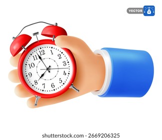 Mão segurando o despertador. Mão 3D realista segura temporizador vermelho. Conceito de prazo, início, pontualidade, gestão do tempo, produtividade e otimização do trabalho. Oferta por tempo limitado. Ilustração vetorial