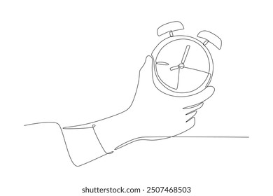 Hand holding an alarm clock. Alarm clocks concept one-line drawing