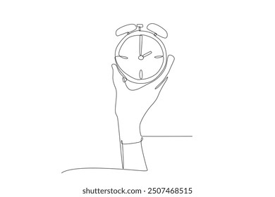 Hand holding an alarm clock. Alarm clocks concept one-line drawing