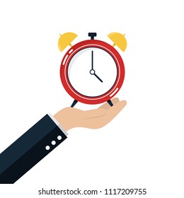 Hand holding alarm clock flat design style isolated on white background. Vector illustration