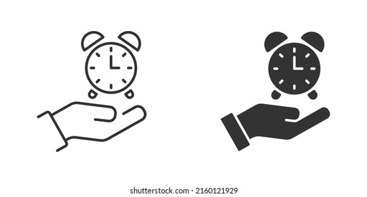 Hand holding alarm clock. Hand with clock icon. Flat vector illustration.