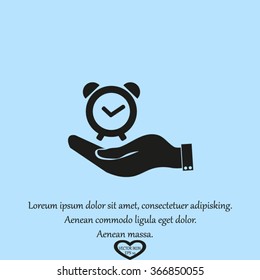 hand holding a alarm clock. Alarm icon . The clock shows the time