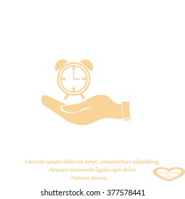 hand holding a alarm clock. Alarm icon . The clock shows the time