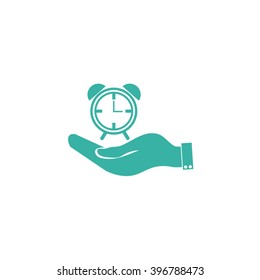 hand holding a alarm clock. Alarm icon . The clock shows the time
