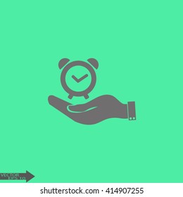 hand holding a alarm clock. Alarm icon . The clock shows the time