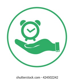 hand holding a alarm clock. Alarm icon . The clock shows the time