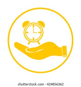 hand holding a alarm clock. Alarm icon . The clock shows the time