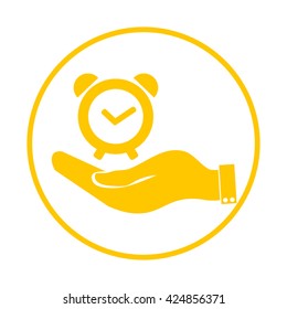 hand holding a alarm clock. Alarm icon . The clock shows the time