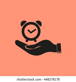 hand holding a alarm clock. Alarm icon . The clock shows the time