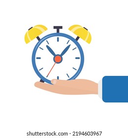 Hand holding an alarm clock on a white background with bells. Vector illustration