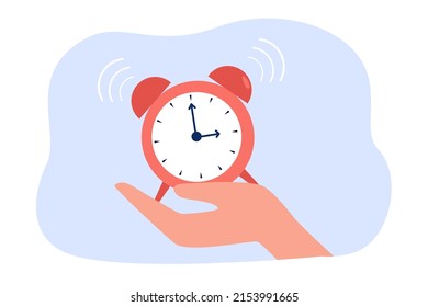Hand holding alarm clock. Ringing clock flat vector illustration. Deadline, time management, morning, daily routine concept for banner, website design or landing web page