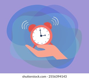 Hand holding alarm clock. Ringing clock flat vector illustration. Deadline, time management, morning, daily routine concept for banner, website design or landing web page