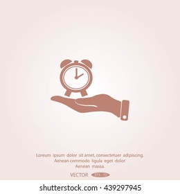 hand holding a alarm clock. The clock shows the time
