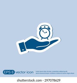 hand holding a alarm clock sign. Symbol morning. Alarm icon . The clock shows the time