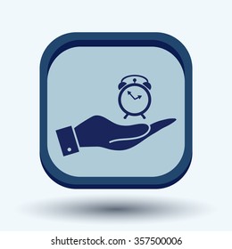 hand holding a alarm clock sign. Symbol morning. Alarm icon . The clock shows the time