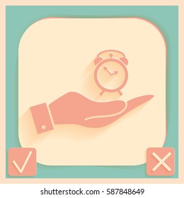 hand holding a alarm clock sign. Symbol morning. Alarm icon . The clock shows the time