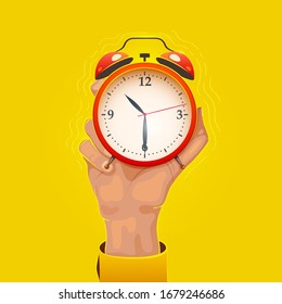 Hand holding the alarm clock. Time management tips. Vector modern flat  illustration. Deadline. Efficiency. Yellow background.