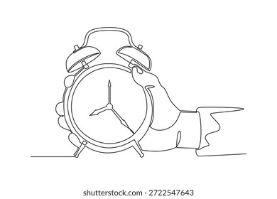 Mano sosteniendo un despertador. Concepto de gestión del tiempo. Diseño de dibujo de línea única. Ilustración gráfica de Vector