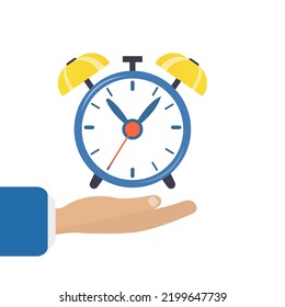 A hand holding an alarm clock. Vector illustration
