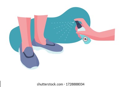 Hand holding Alcohol spray bottle. Cleaning shoes from coronavirus (COVID-19) and bacteria when arrive home. Flat vector Illustration.