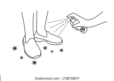 Hand holding Alcohol spray bottle. Cleaning shoes from coronavirus (COVID-19) and bacteria when arrive home. Black outline vector Illustration.