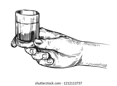 Hand holding alhocol drink. Hand drawn sketch converted to vector