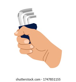 Hand holding allen key. Vector flat illustration