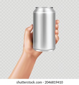 A hand holding an aluminum beer can. Vector mockup.