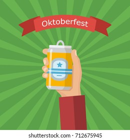 Hand holding aluminum can of beer. Concept of Beer Festival.Vector image for web, poster, invitation to party - time to drink. Colorful vector illustration in flat style. Oktoberfest.