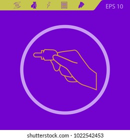 Hand holding american electronic key to unlock a door. Line vector icon on flat design style