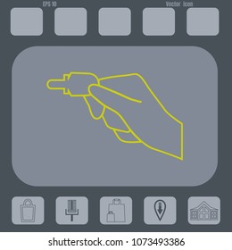Hand holding american electronic key to unlock a door. Line vector icon on flat design style