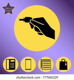 Hand holding american electronic key to unlock a door.Black vector icon on flat designe style