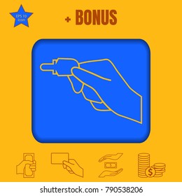 Hand holding american electronic key to unlock a door. Line vector icon on flat design style