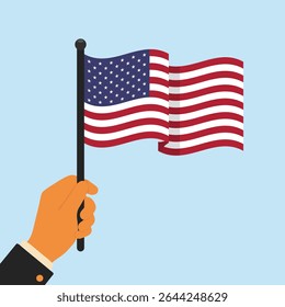 Hand holding American flag against blue background. Vector illustration symbolizing American patriotism, Independence Day, and related national celebrations