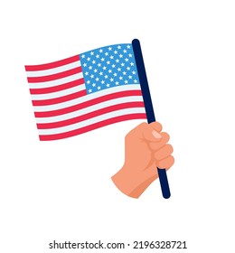 Mano con la bandera estadounidense aislada en el fondo. Bandera de Estados Unidos. Estilo de diseño plano de ilustración vectorial. 4 de julio, día de la independencia. 4 de julio Feliz Día de la Independencia Estados Unidos de América.